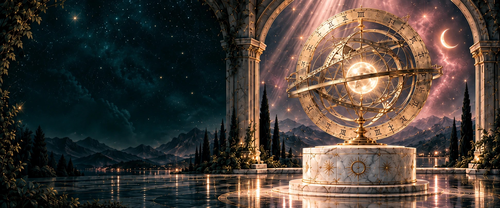 An antique gold celestial sphere beneath a rose-lit starry arch