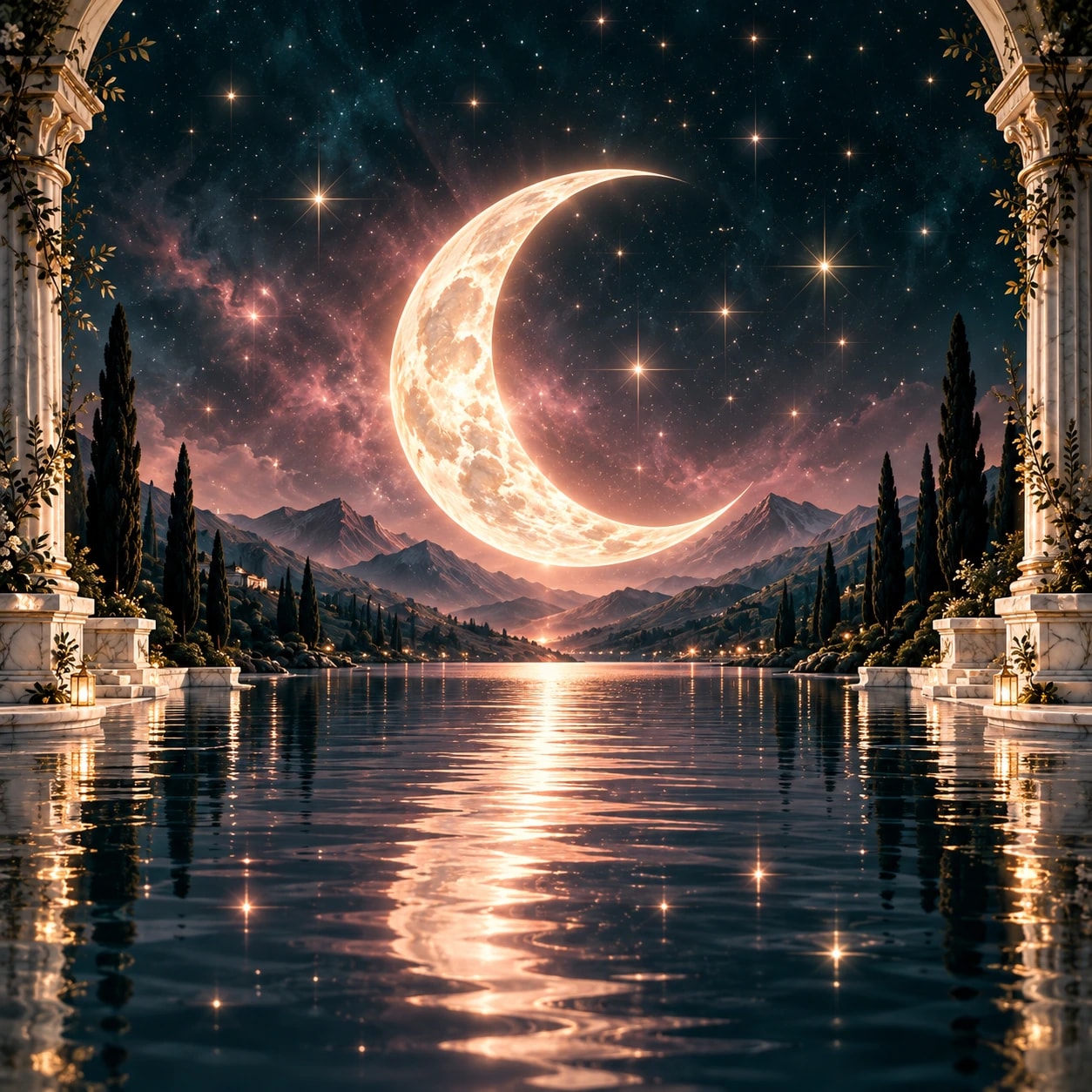 A pearl crescent reflected in still celestial water
