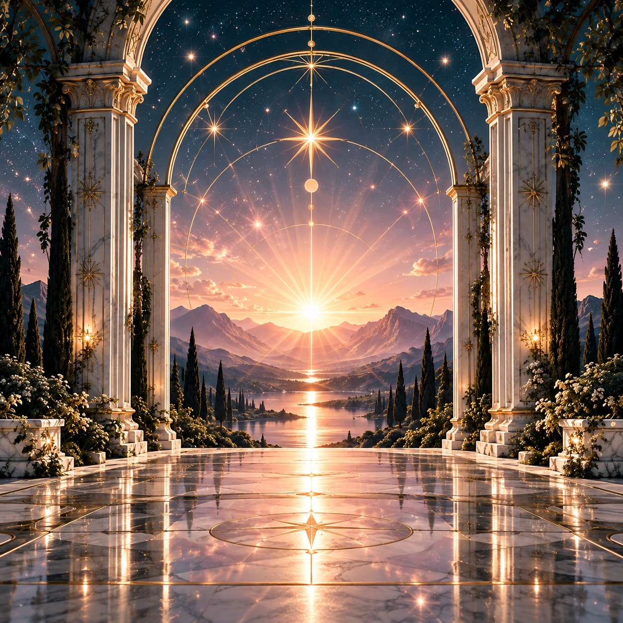 A luminous golden gateway at dawn