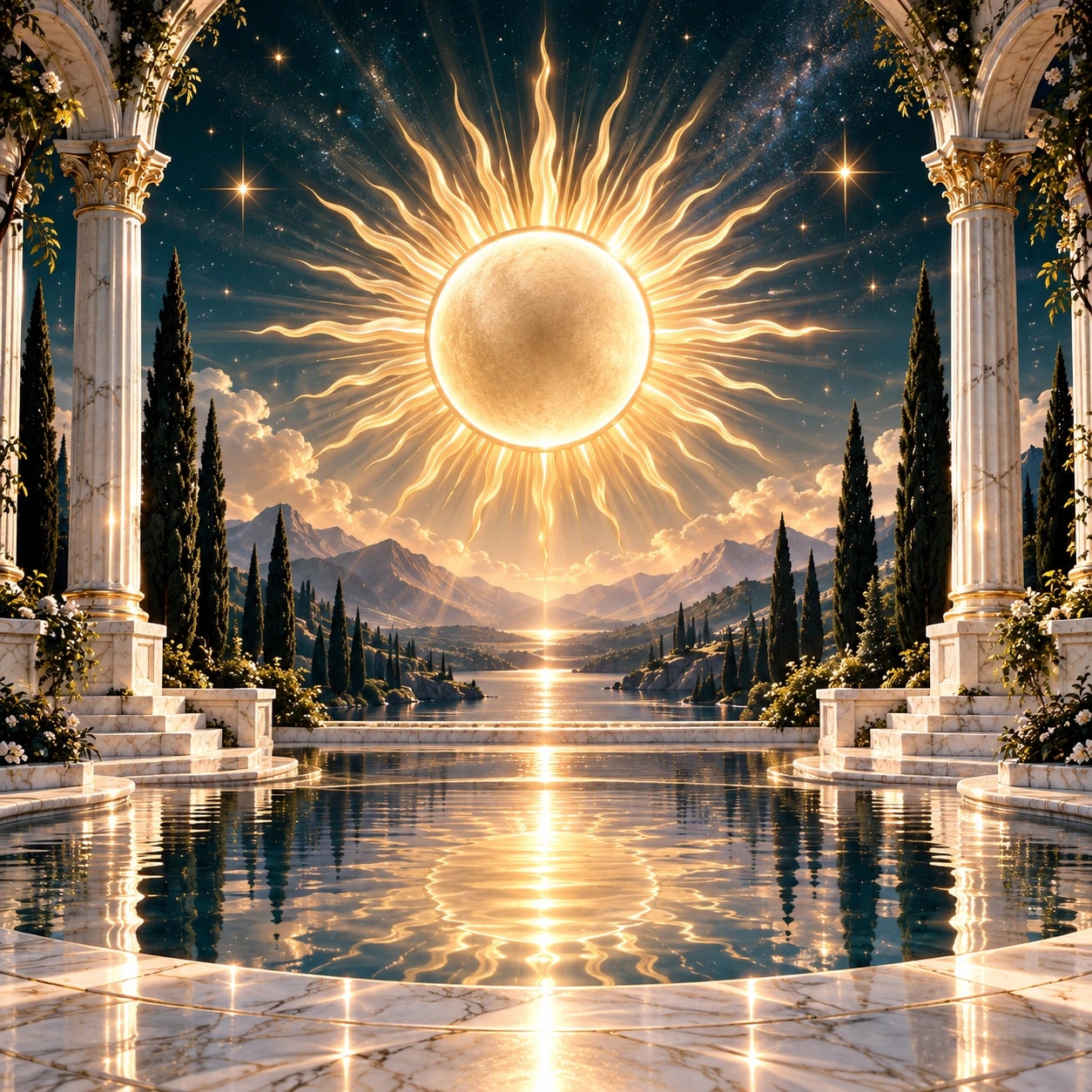 Golden sunlight over an ivory celestial sanctuary